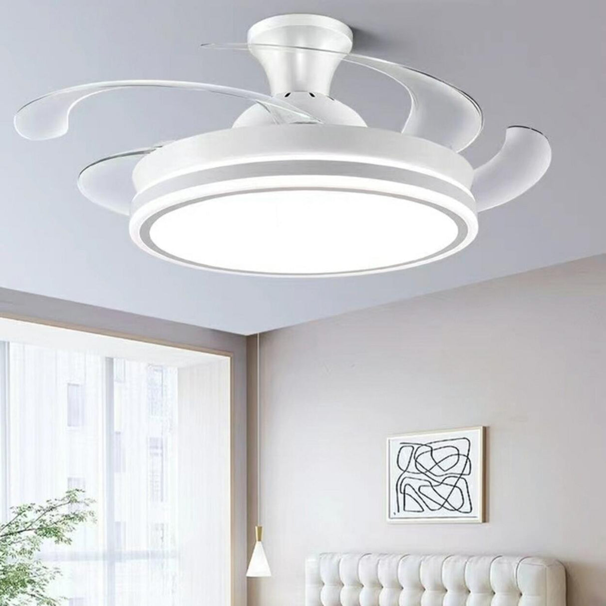 Round Simple Retractable Blade Modern Ceiling Fan Light Image - 4