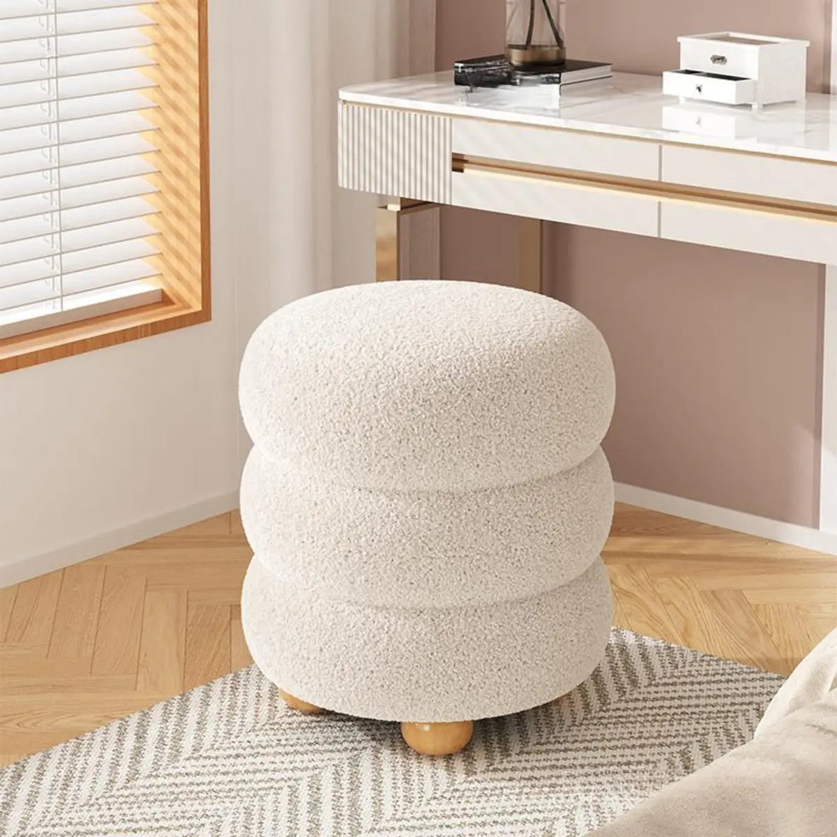 Round Sponge Plush Pouf Sherpa Ottoman Seats White Image - 1