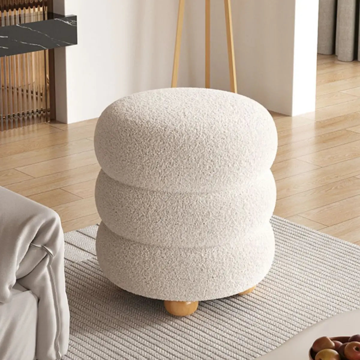 Round Sponge Plush Pouf Sherpa Ottoman Seats White Image - 5