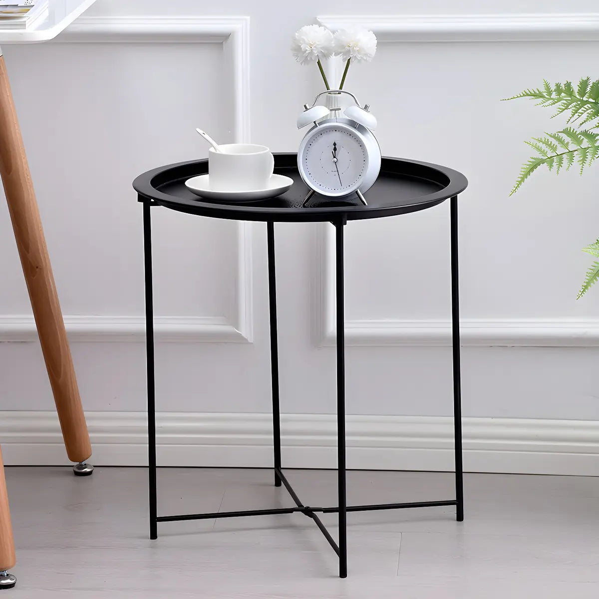 Round Stainless Steel Black Tray Top Cross Legs Side Table Image - 1