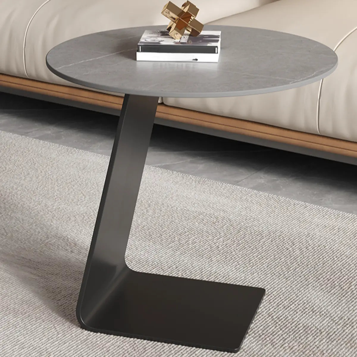 Round Standard Black C-Shape Marble Chairside Table Image - 8