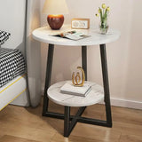 Round Stone Metal Cross Legs End Table with Storage Shelf Image - 1