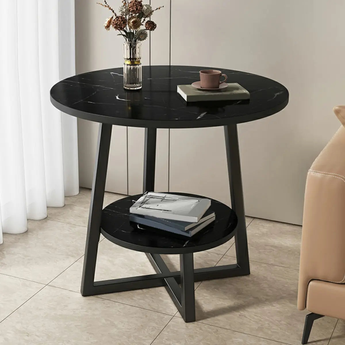 Round Stone Metal Cross Legs End Table with Storage Shelf Image - 10