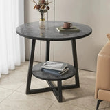 Round Stone Metal Cross Legs End Table with Storage Shelf Image - 12