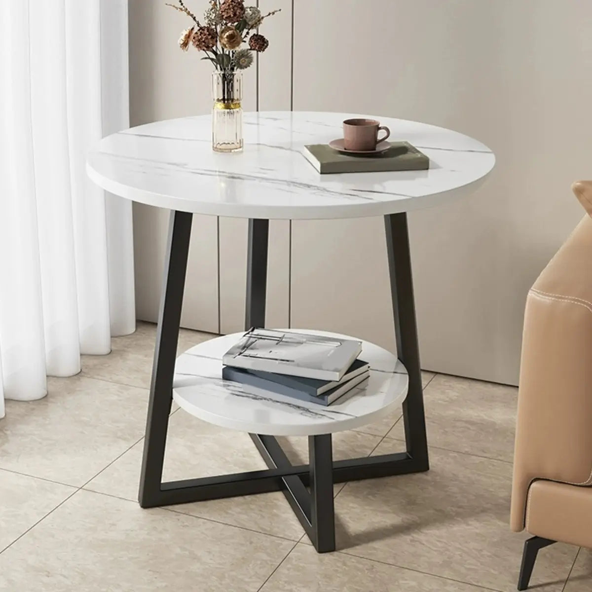 Round Stone Metal Cross Legs End Table with Storage Shelf Image - 14