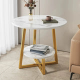 Round Stone Metal Cross Legs End Table with Storage Shelf Image - 16