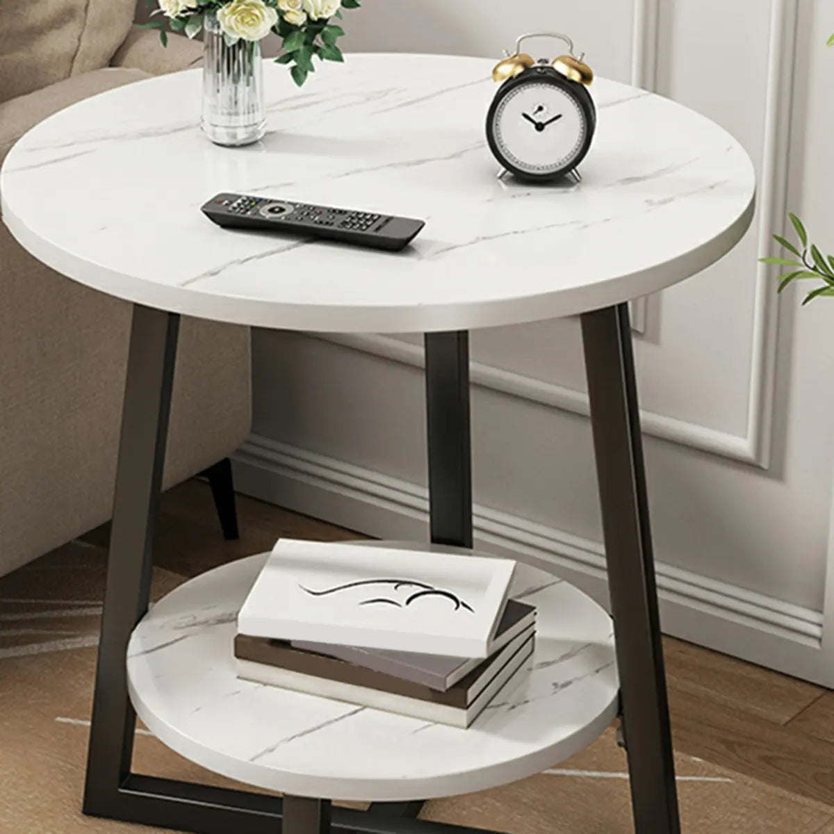 Round Stone Metal Cross Legs End Table with Storage Shelf Image - 17