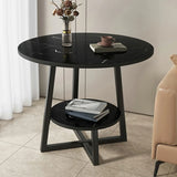 Round Stone Metal Cross Legs End Table with Storage Shelf Image - 18