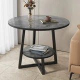 Round Stone Metal Cross Legs End Table with Storage Shelf Image - 19