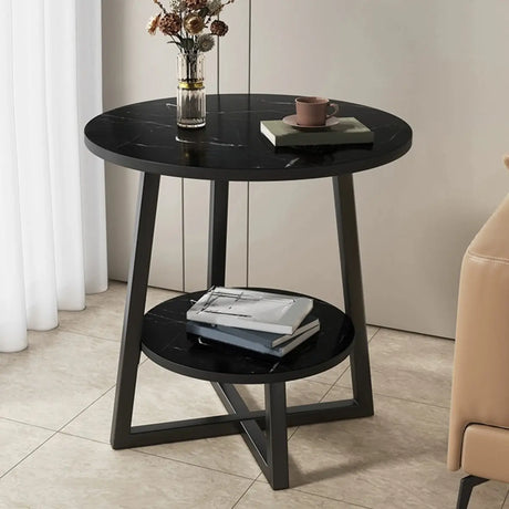 Round Stone Metal Cross Legs End Table with Storage Shelf Image - 2