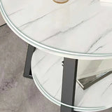 Round Stone Metal Cross Legs End Table with Storage Shelf Image - 20