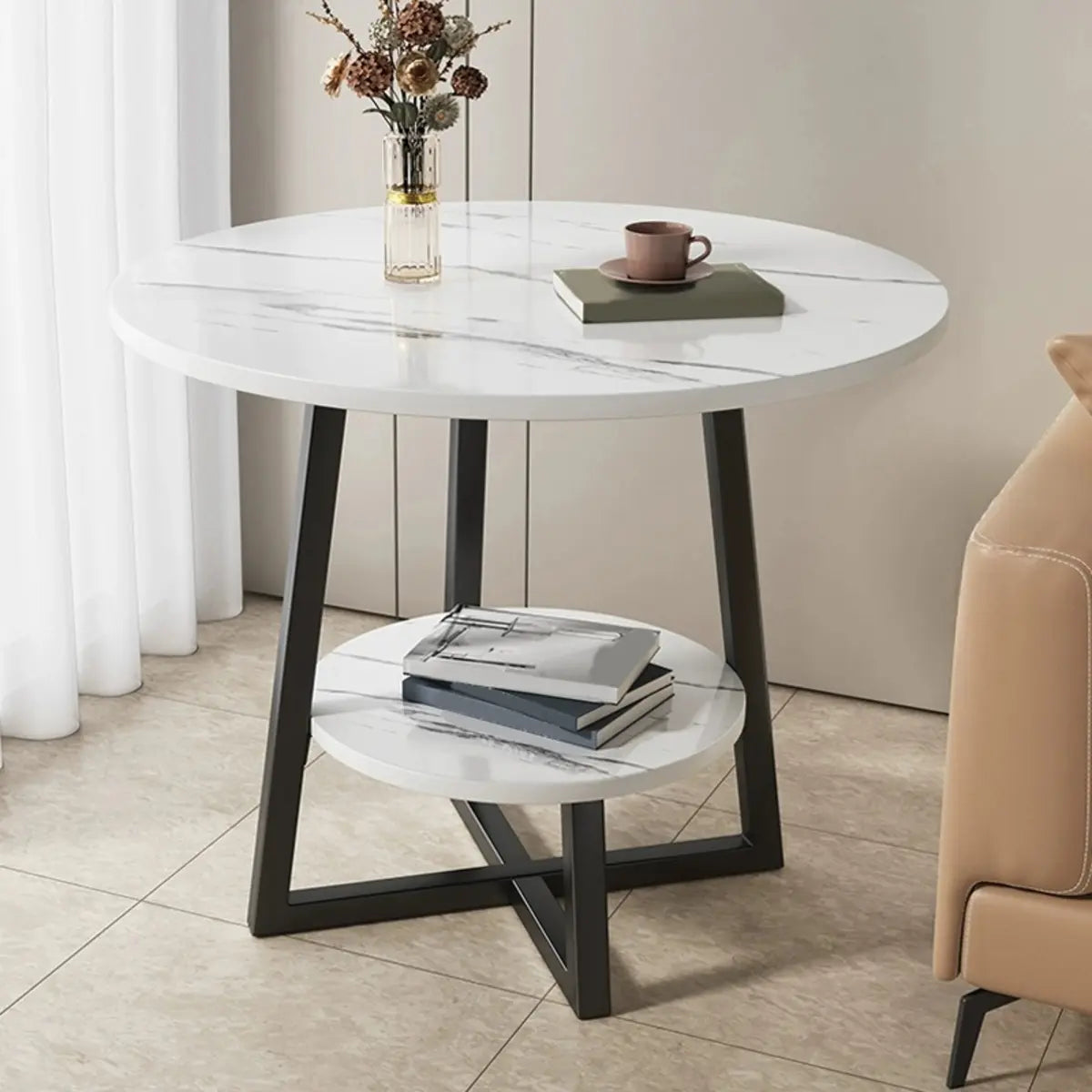 Round Stone Metal Cross Legs End Table with Storage Shelf Image - 22