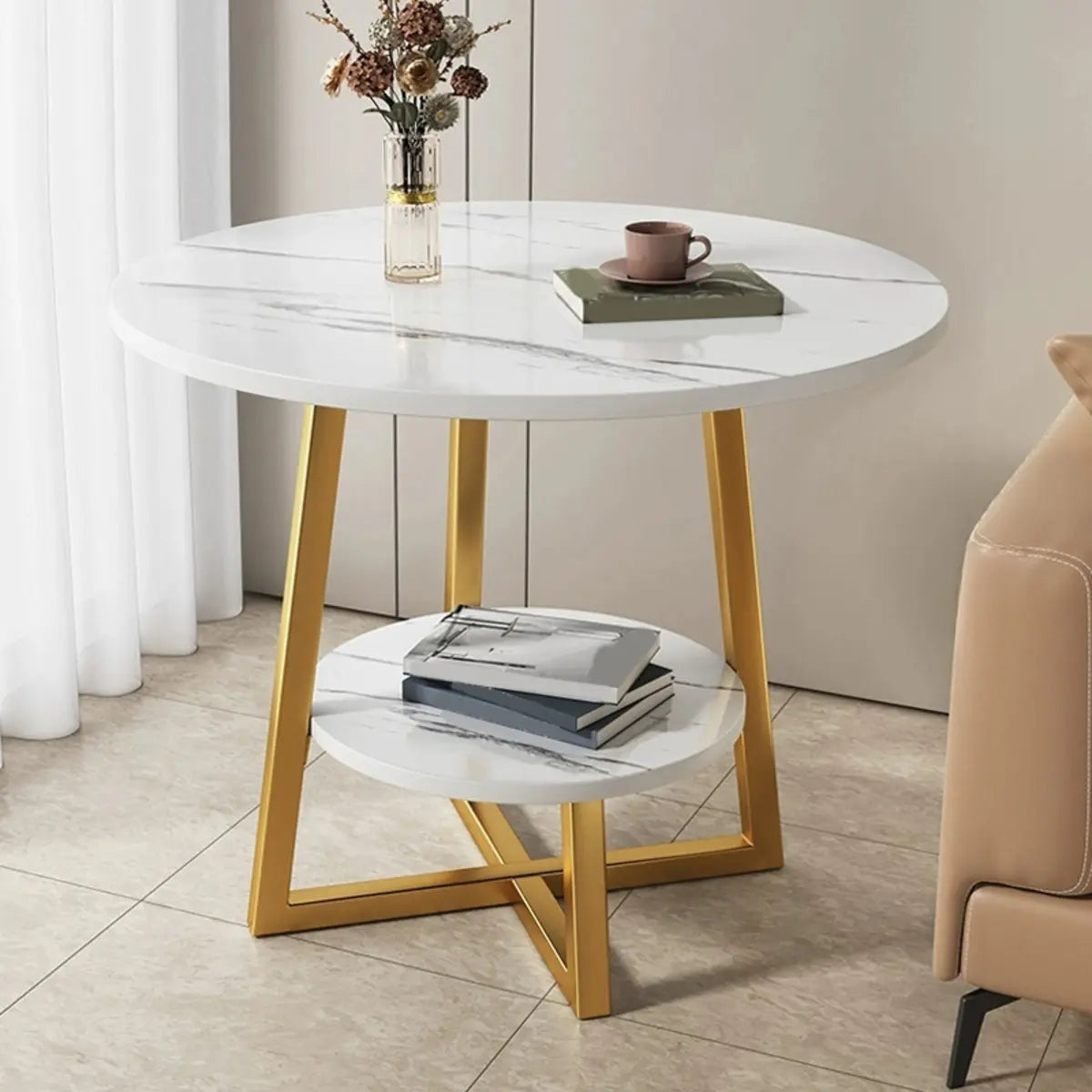 Round Stone Metal Cross Legs End Table with Storage Shelf Image - 23