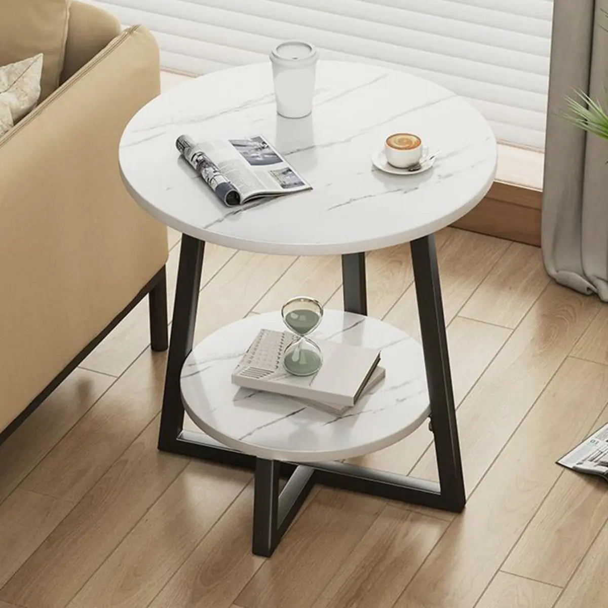 Round Stone Metal Cross Legs End Table with Storage Shelf Image - 24