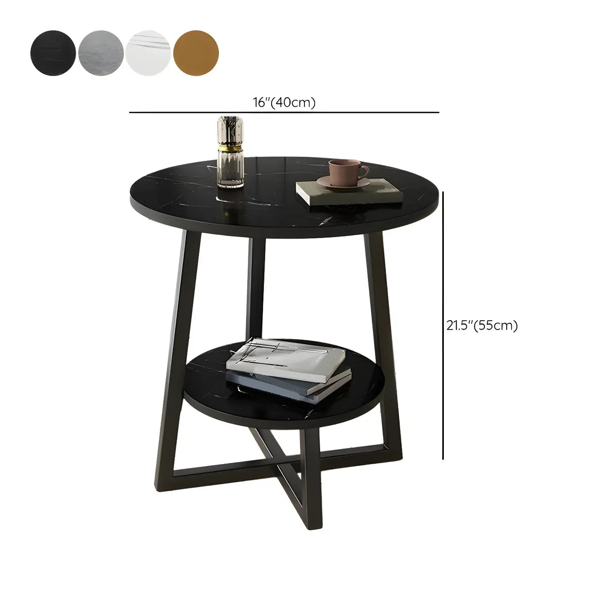 Round Stone Metal Cross Legs End Table with Storage Shelf 