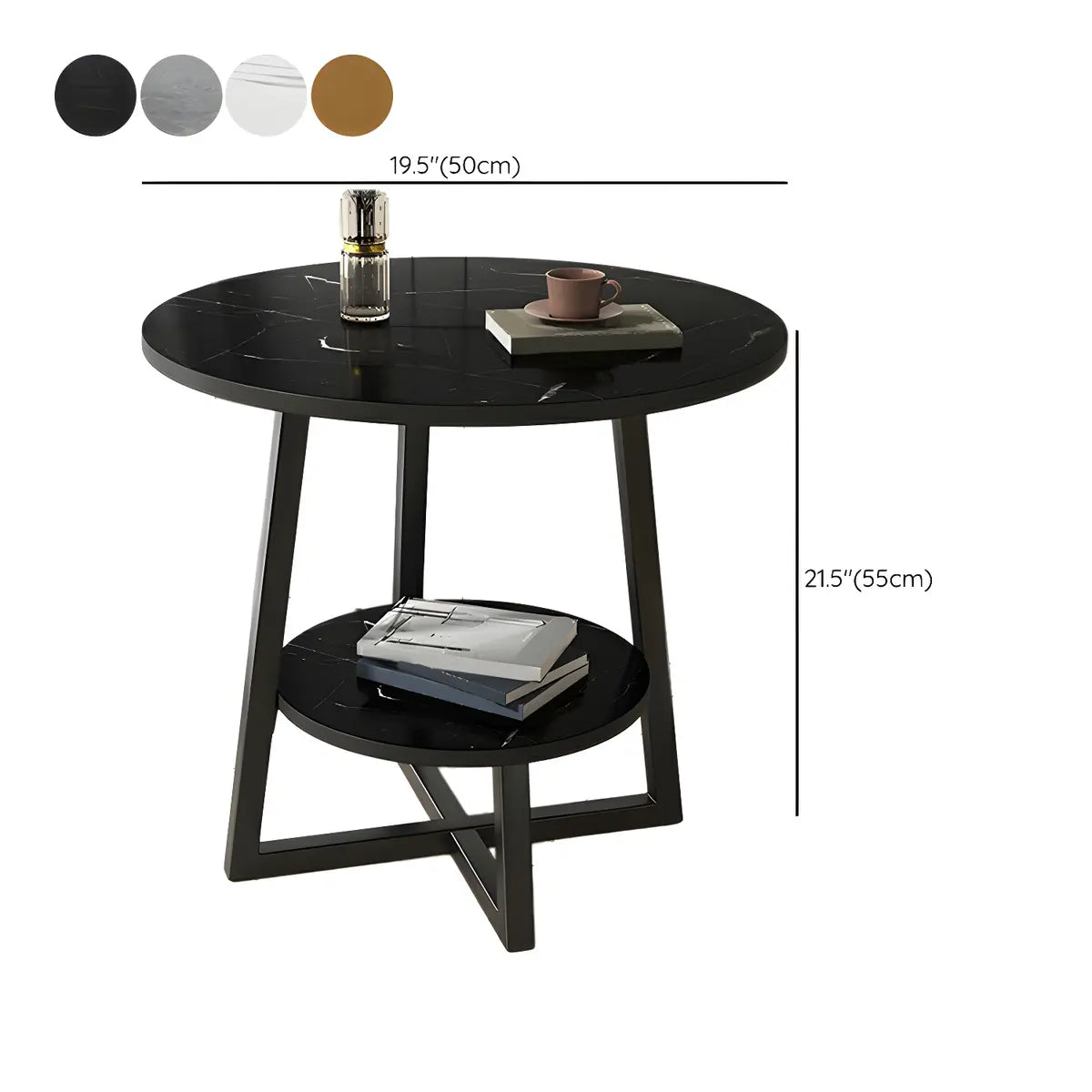 Round Stone Metal Cross Legs End Table with Storage Shelf Image - 26