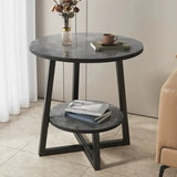 Round Stone Metal Cross Legs End Table with Storage Shelf Image - 3