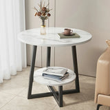 Round Stone Metal Cross Legs End Table with Storage Shelf Image - 4