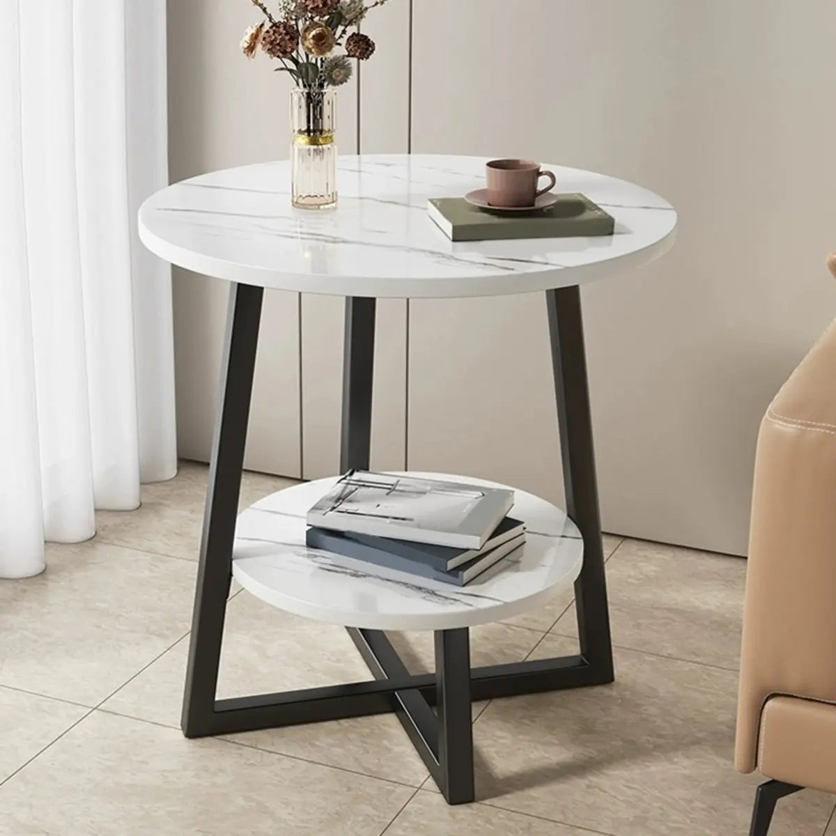 Round Stone Metal Cross Legs End Table with Storage Shelf Image - 5