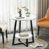 Round Stone Metal Cross Legs End Table with Storage Shelf Image - 6