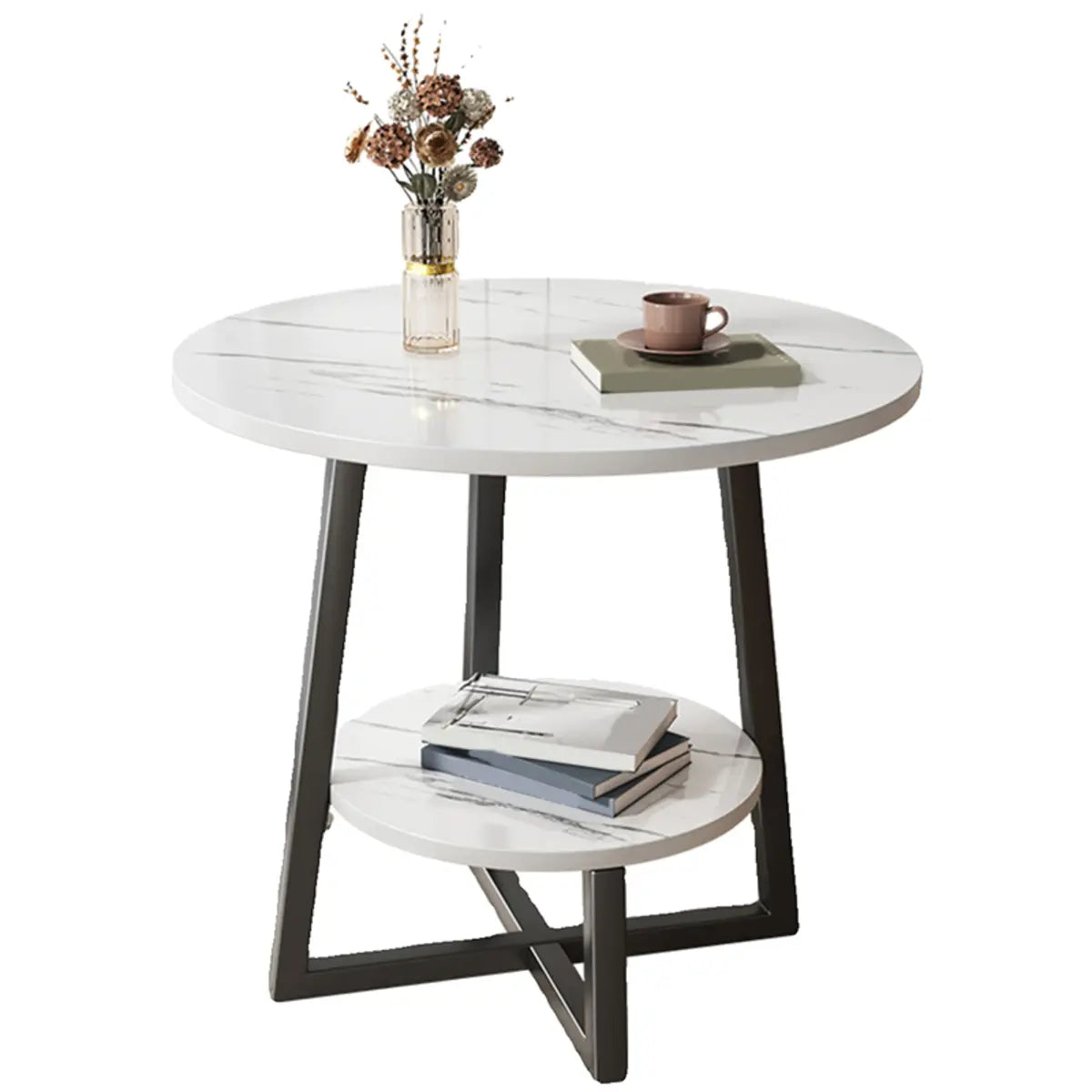 Round Stone Metal Cross Legs End Table with Storage Shelf Image - 9