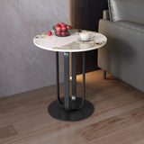 Round Stone Top Black Stainless Steel Pedestal Side Table Image - 1