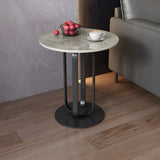 Round Stone Top Black Stainless Steel Pedestal Side Table Image - 2