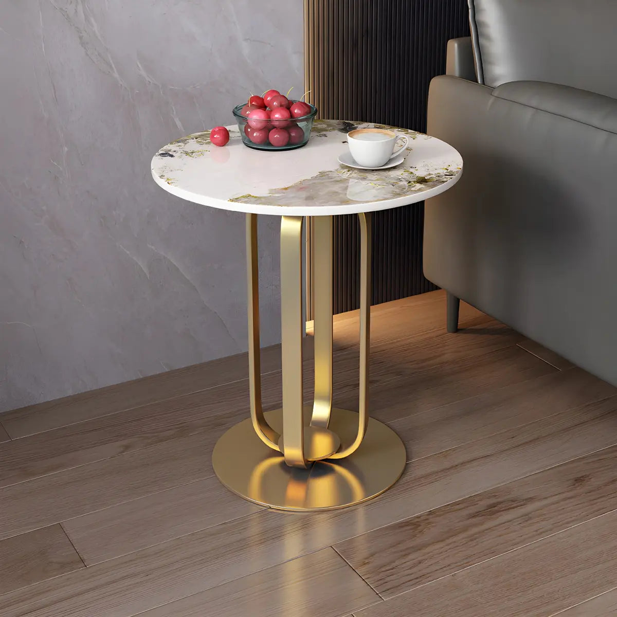 Round Stone Top Black Stainless Steel Pedestal Side Table Image - 3