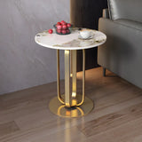 Round Stone Top Black Stainless Steel Pedestal Side Table Image - 4