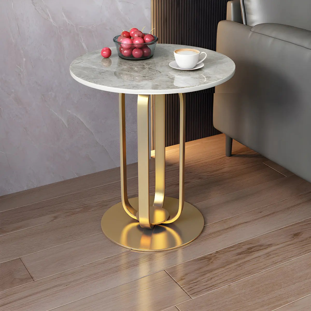 Round Stone Top Black Stainless Steel Pedestal Side Table Image - 5