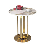 Round Stone Top Black Stainless Steel Pedestal Side Table Image - 9