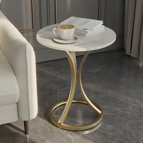 Round Stone Top Gold Metal Standard Height End Table Image - 1