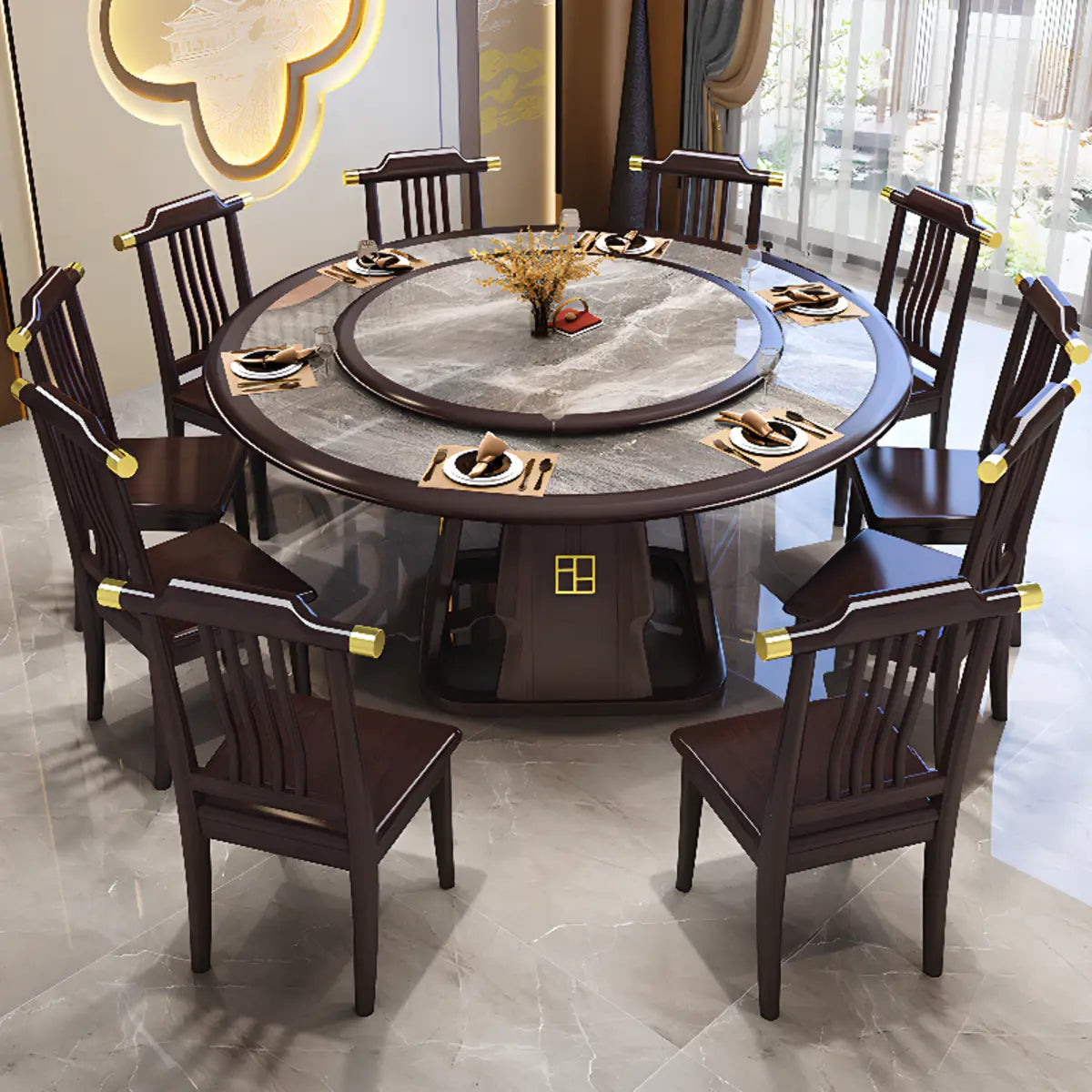 Round Stone Top Slat Back Chairs Dining Table Set for 8 Image - 1