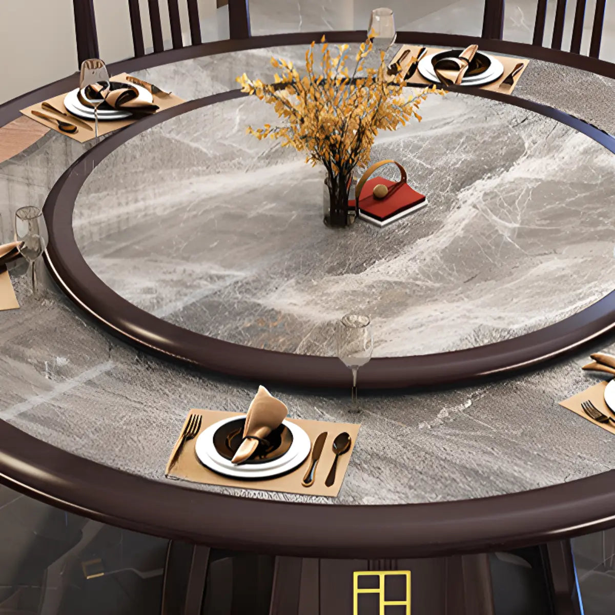 Round Stone Top Slat Back Chairs Dining Table Set for 8 Image - 6