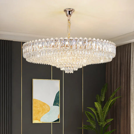 Round Tiered Crystal Clear Metal Living Room Chandelier Image - 1