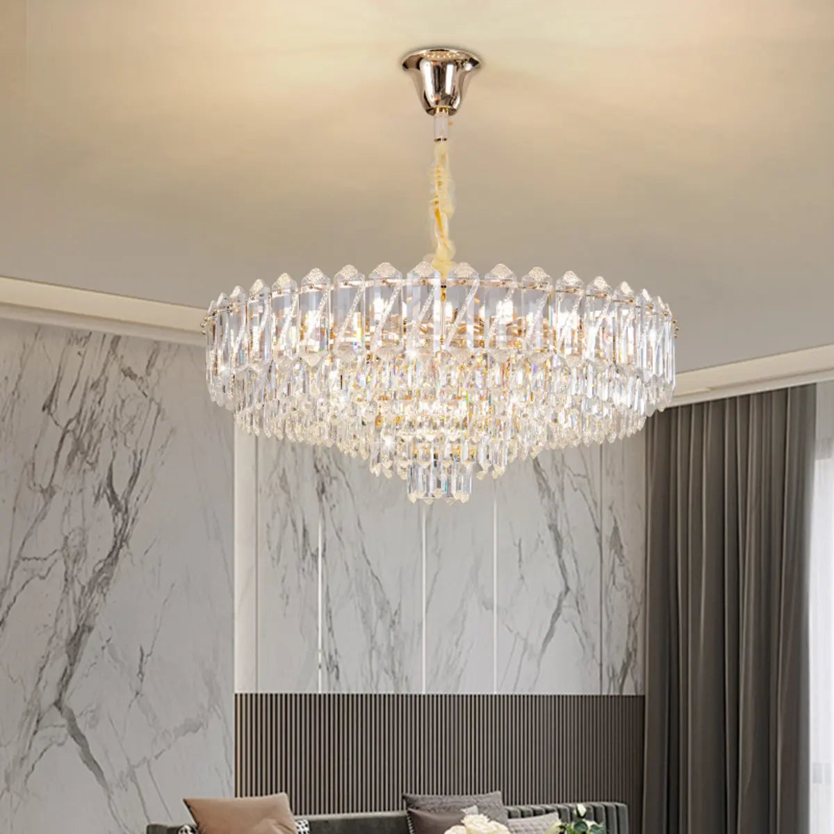 Round Tiered Crystal Clear Metal Living Room Chandelier Image - 3