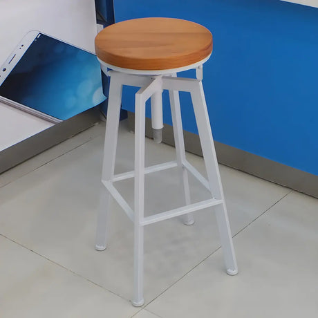 Round Wood Backless Metal Four Legs Counter Bar Stool Image - 4