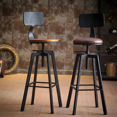 Round Wood Backless Metal Four Legs Counter Bar Stool Image - 5