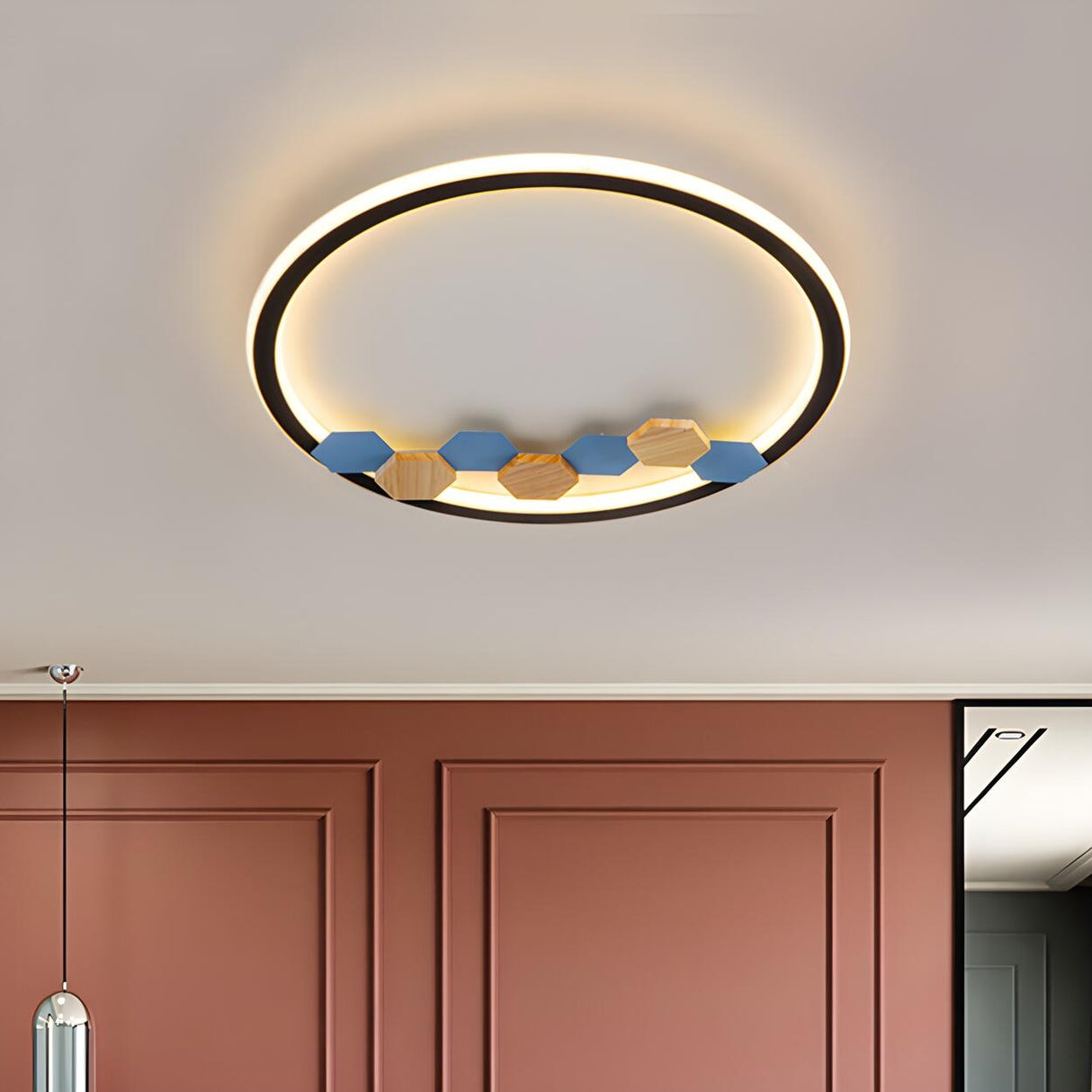 Round Wood Hexagon Element LED Flush Mount Ceiling Lamp Image - 1