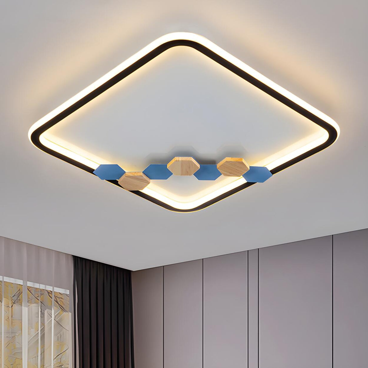 Round Wood Hexagon Element LED Flush Mount Ceiling Lamp Image - 5