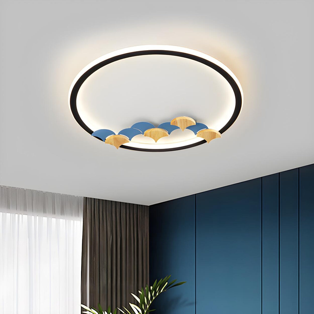 Round Wood Hexagon Element LED Flush Mount Ceiling Lamp Image - 8