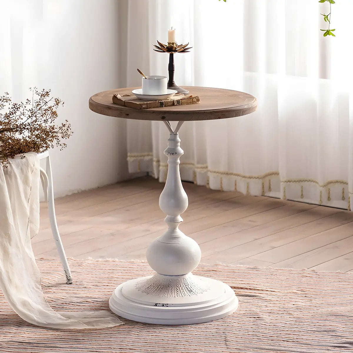 Round Wood Iron Brown-White Pedestal Chairside Table Image - 1