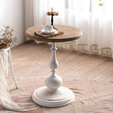 Round Wood Iron Brown-White Pedestal Chairside Table Image - 2