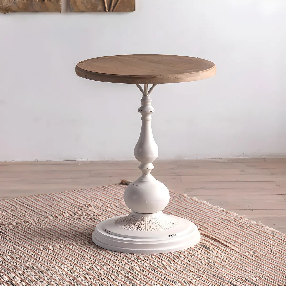 Round Wood Iron Brown-White Pedestal Chairside Table Image - 3