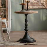 Round Wood Iron Brown-White Pedestal Chairside Table Image - 4