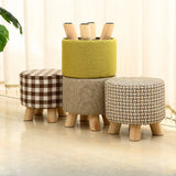 Round Wooden Linen Small Removable Cover Ottomans Image - 1