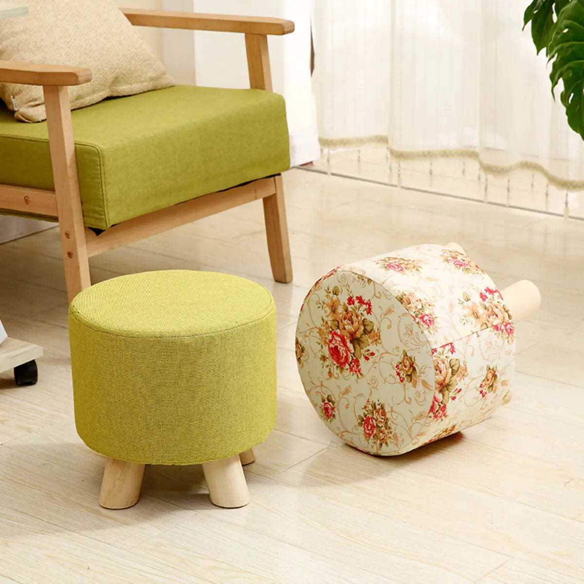 Round Wooden Linen Small Removable Cover Ottomans Image - 2