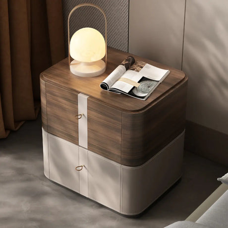 Rounded Wood and Beige Two-Tier Storage Nightstand Image - 2