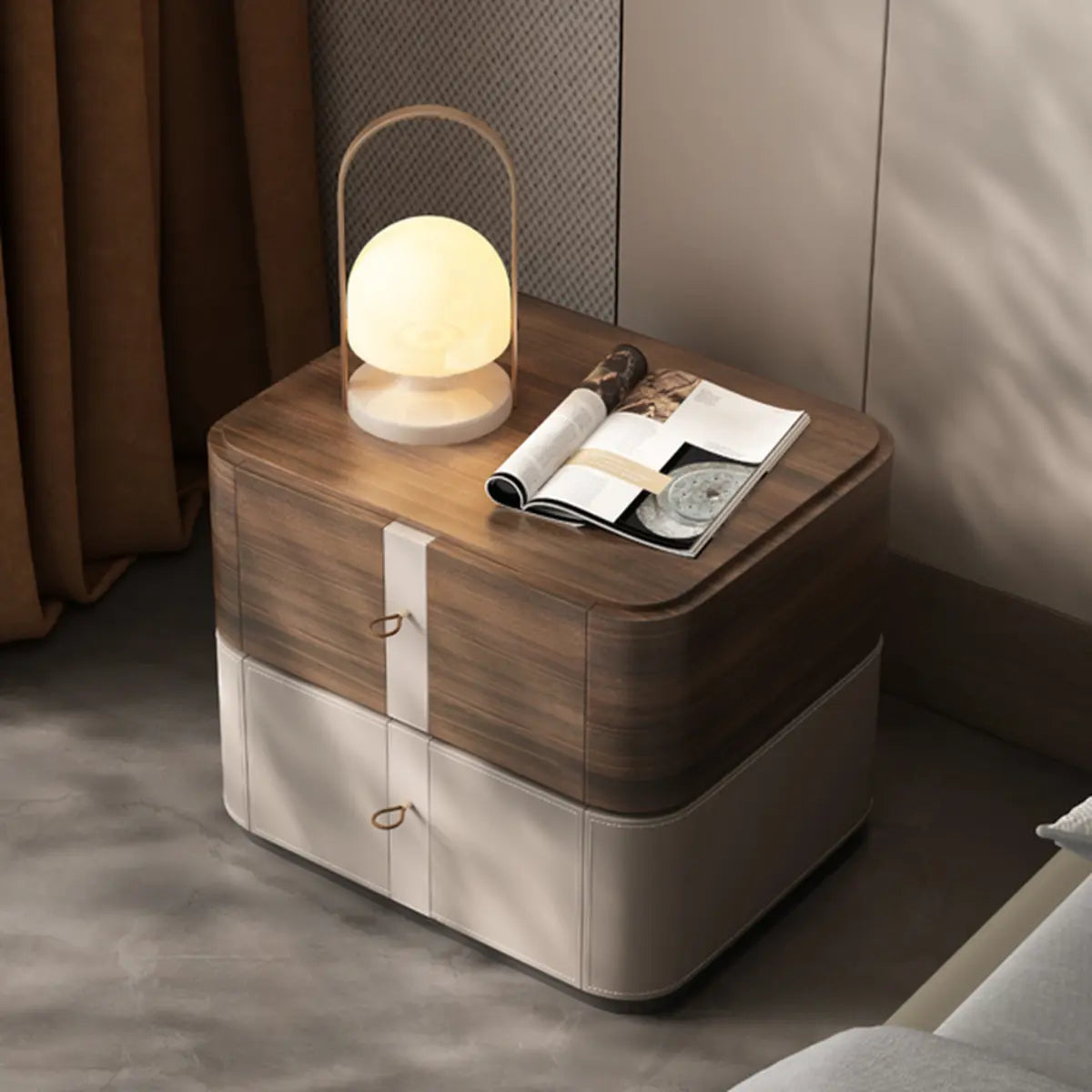 Rounded Wood and Beige Two-Tier Storage Nightstand Image - 3