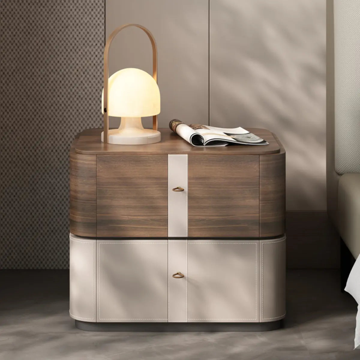 Rounded Wood and Beige Two-Tier Storage Nightstand Image - 4